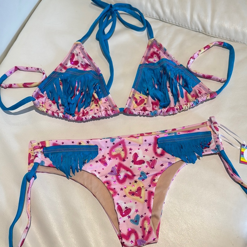 Women large Colorful Fringe triangle Bikini top side ties bottom hearts stitch